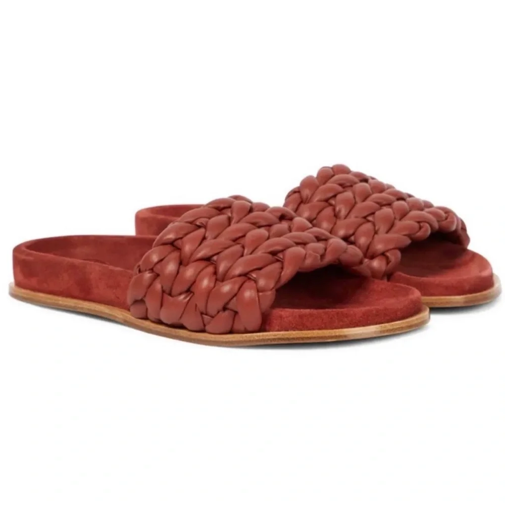 CHLOE RED BRAIDED LEATHER SLIDES - Picture 1 of 13